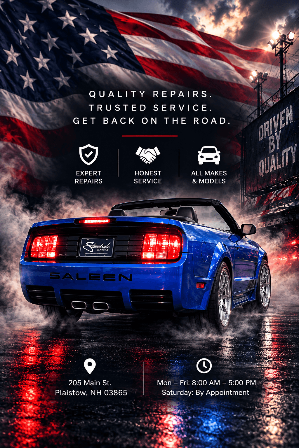FCC Collision Center with a blue Saleen Mustang