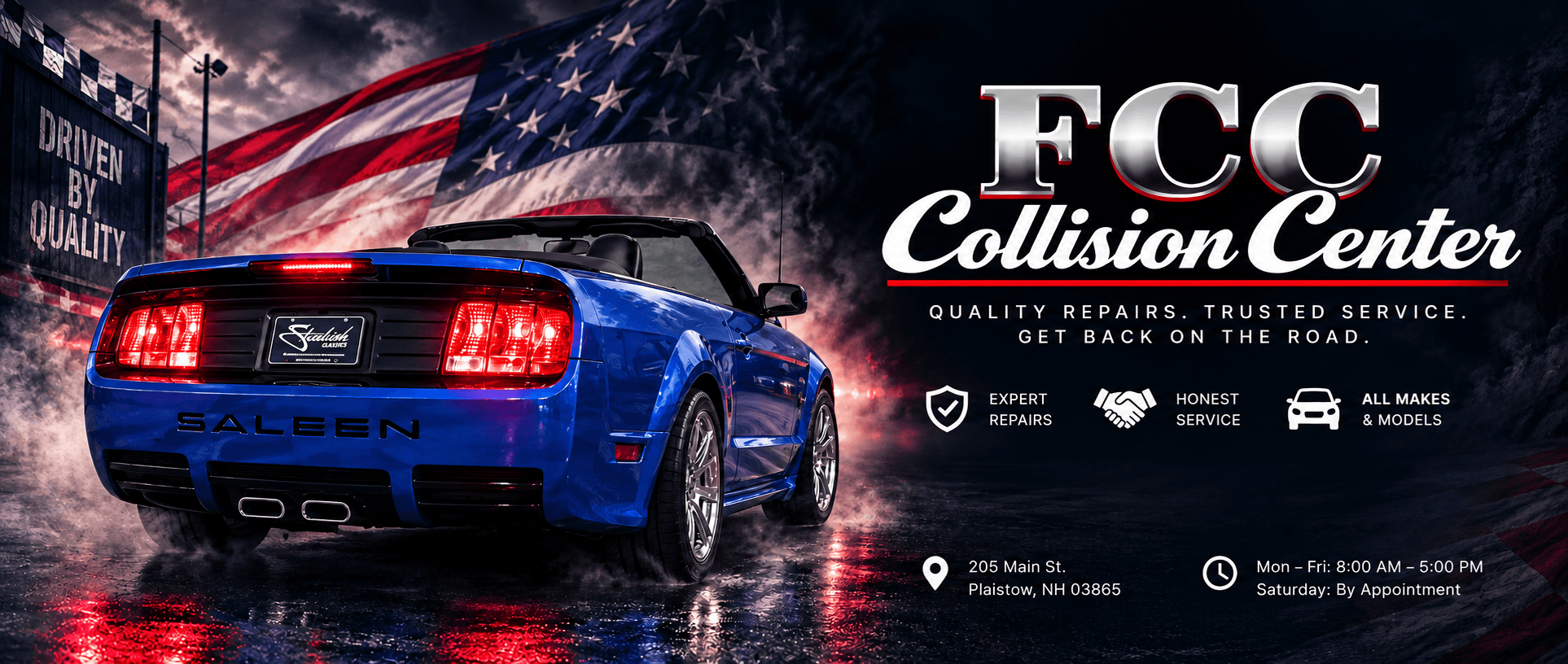 FCC Collision Center with a blue Saleen Mustang