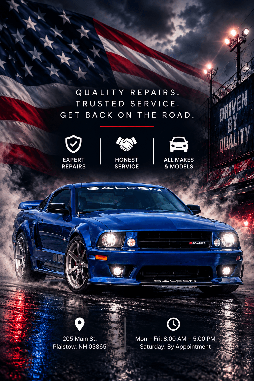 FCC Collision Center with a blue Saleen Mustang