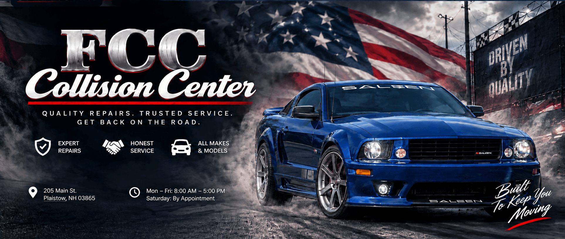FCC Collision Center with a blue Saleen Mustang